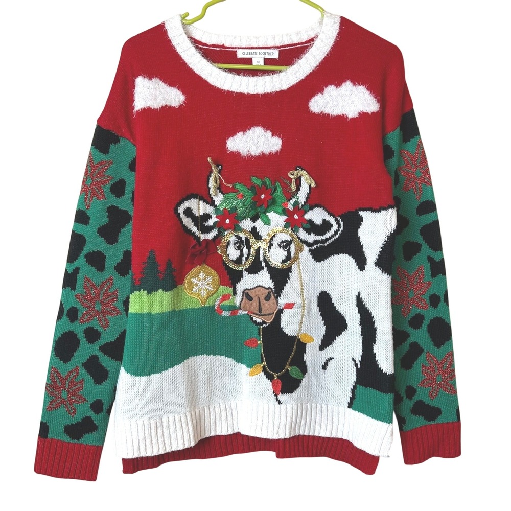 Celebrate Together Womens Christmas Holiday Cow Sweater Red Green Sequin M